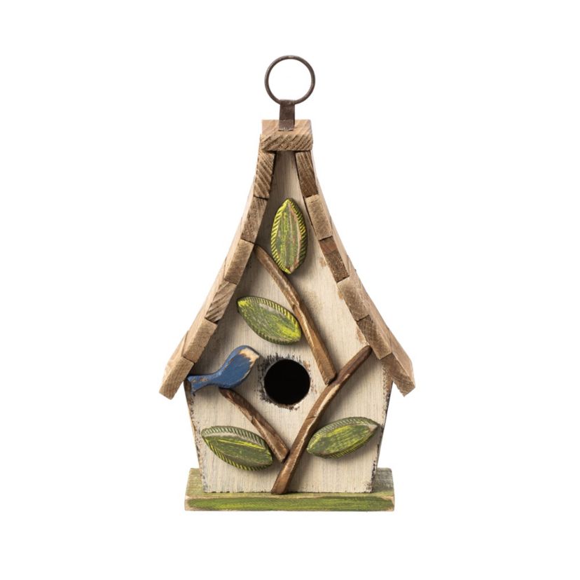 9.5H Washed White Distressed Solid Wood Decorative Outdoor Garden Birdhouse with Natural Wood Pallet Roof and 3D Tree