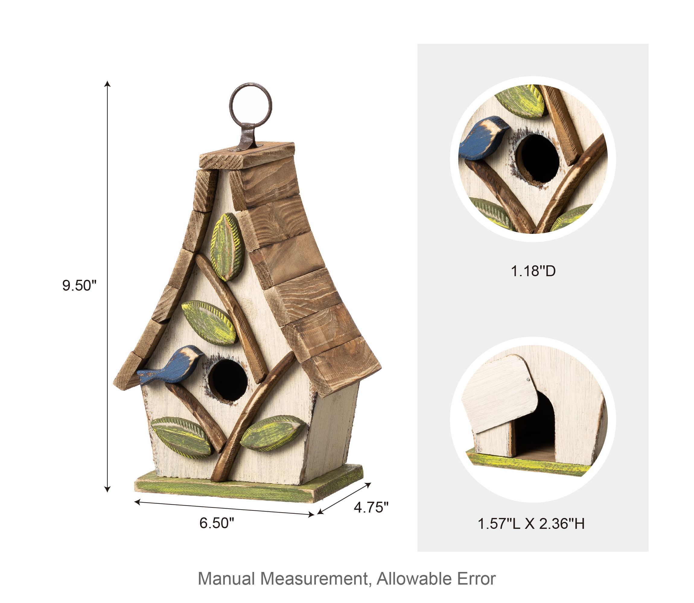 9.5H Washed White Distressed Solid Wood Decorative Outdoor Garden Birdhouse with Natural Wood Pallet Roof and 3D Tree