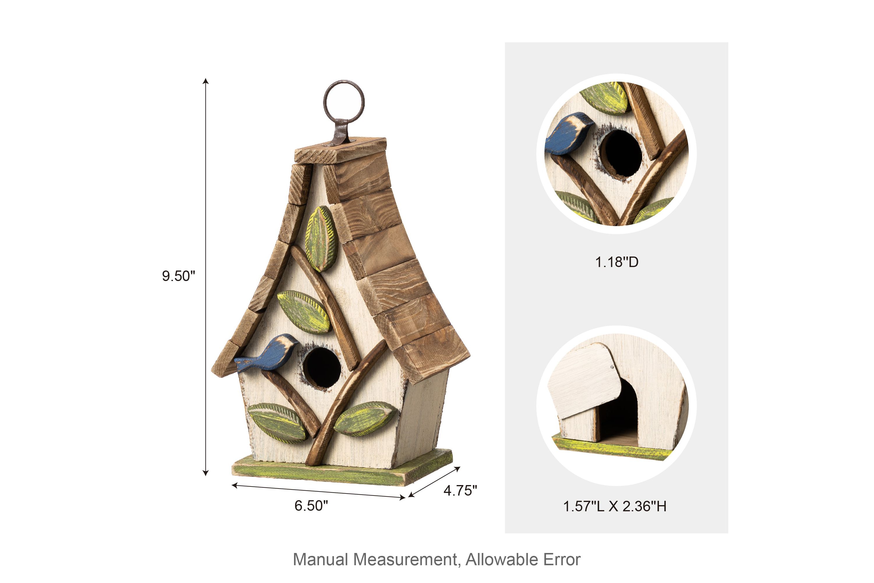 9.5H Washed White Distressed Solid Wood Decorative Outdoor Garden Birdhouse with Natural Wood Pallet Roof and 3D Tree