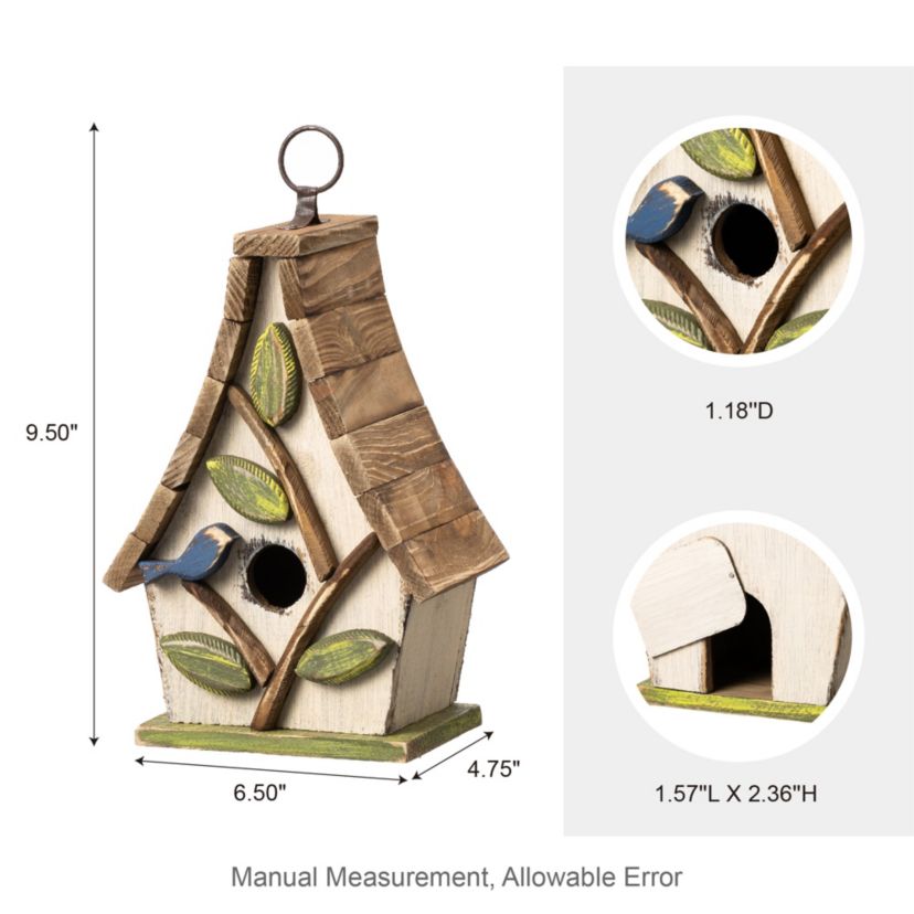 9.5H Washed White Distressed Solid Wood Decorative Outdoor Garden Birdhouse with Natural Wood Pallet Roof and 3D Tree