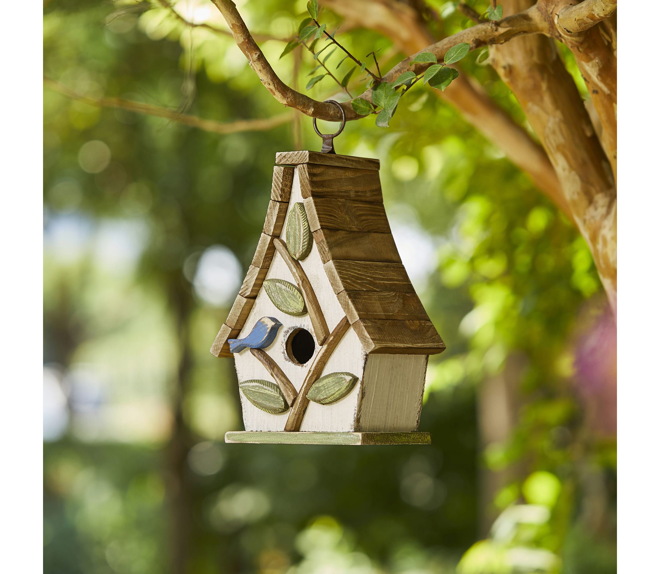 9.5H Washed White Distressed Solid Wood Decorative Outdoor Garden Birdhouse with Natural Wood Pallet Roof and 3D Tree