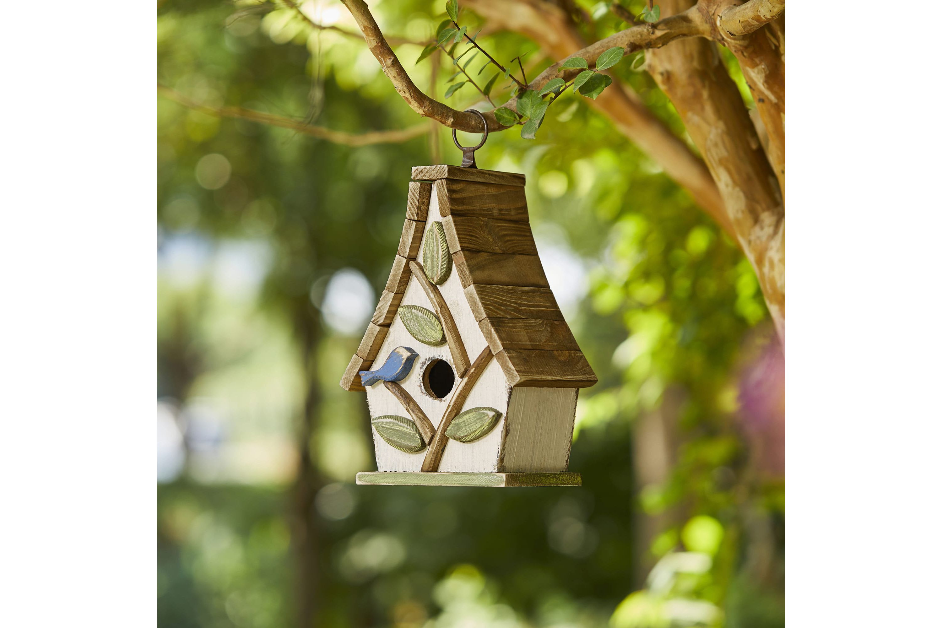 9.5H Washed White Distressed Solid Wood Decorative Outdoor Garden Birdhouse with Natural Wood Pallet Roof and 3D Tree