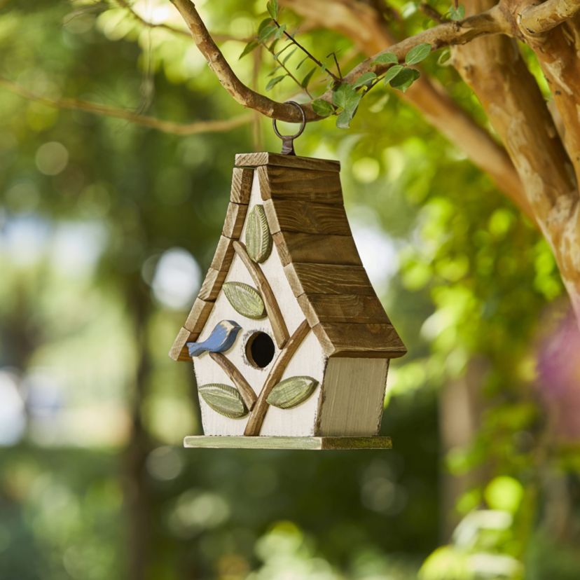 9.5H Washed White Distressed Solid Wood Decorative Outdoor Garden Birdhouse with Natural Wood Pallet Roof and 3D Tree