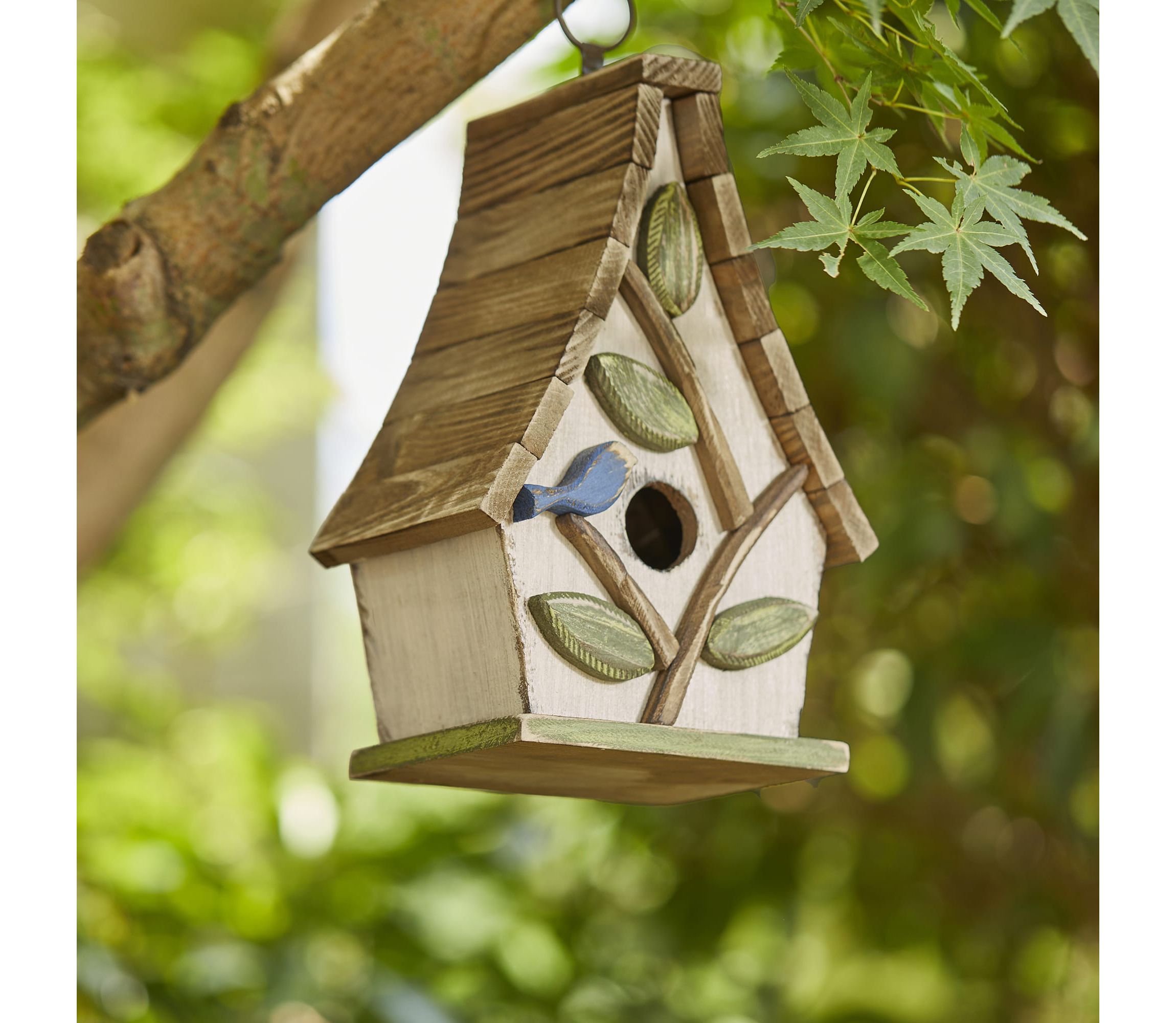 9.5H Washed White Distressed Solid Wood Decorative Outdoor Garden Birdhouse with Natural Wood Pallet Roof and 3D Tree