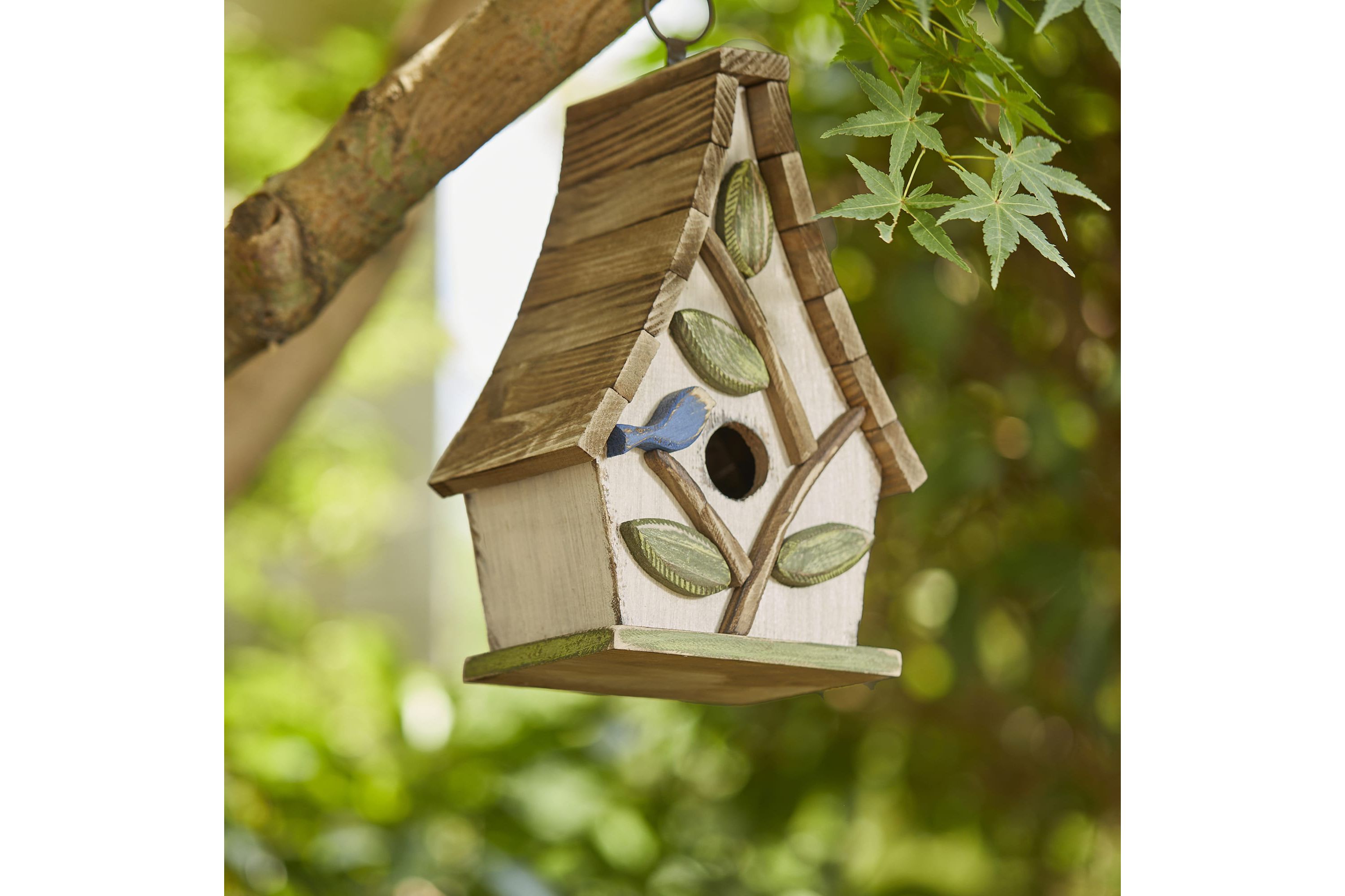 9.5H Washed White Distressed Solid Wood Decorative Outdoor Garden Birdhouse with Natural Wood Pallet Roof and 3D Tree