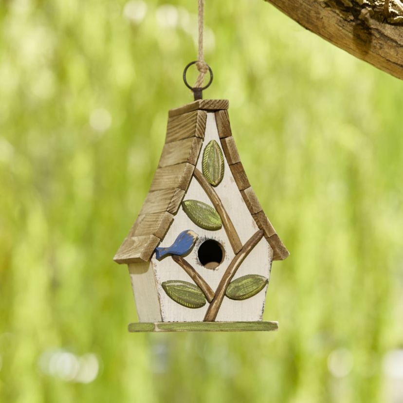 9.5H Washed White Distressed Solid Wood Decorative Outdoor Garden Birdhouse with Natural Wood Pallet Roof and 3D Tree