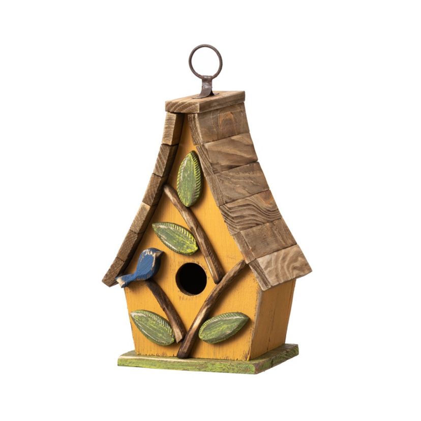 9.5H Washed Yellow Distressed Solid Wood Decorative Outdoor Garden Birdhouse with Natural Wood Pallet Roof