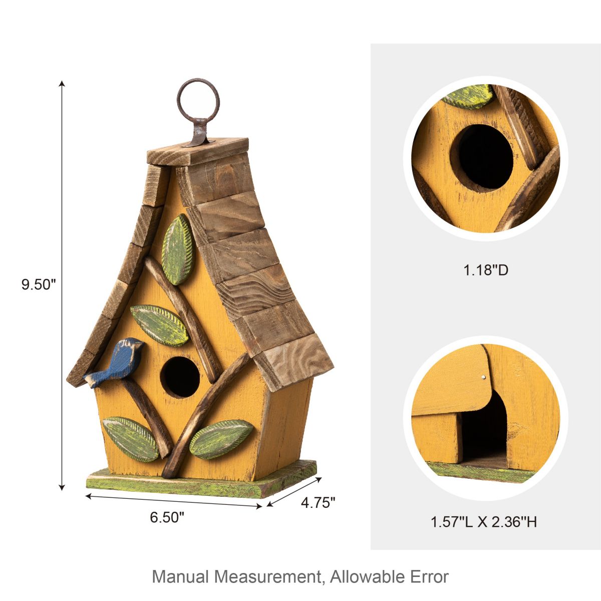 9.5H Washed Yellow Distressed Solid Wood Decorative Outdoor Garden Birdhouse with Natural Wood Pallet Roof