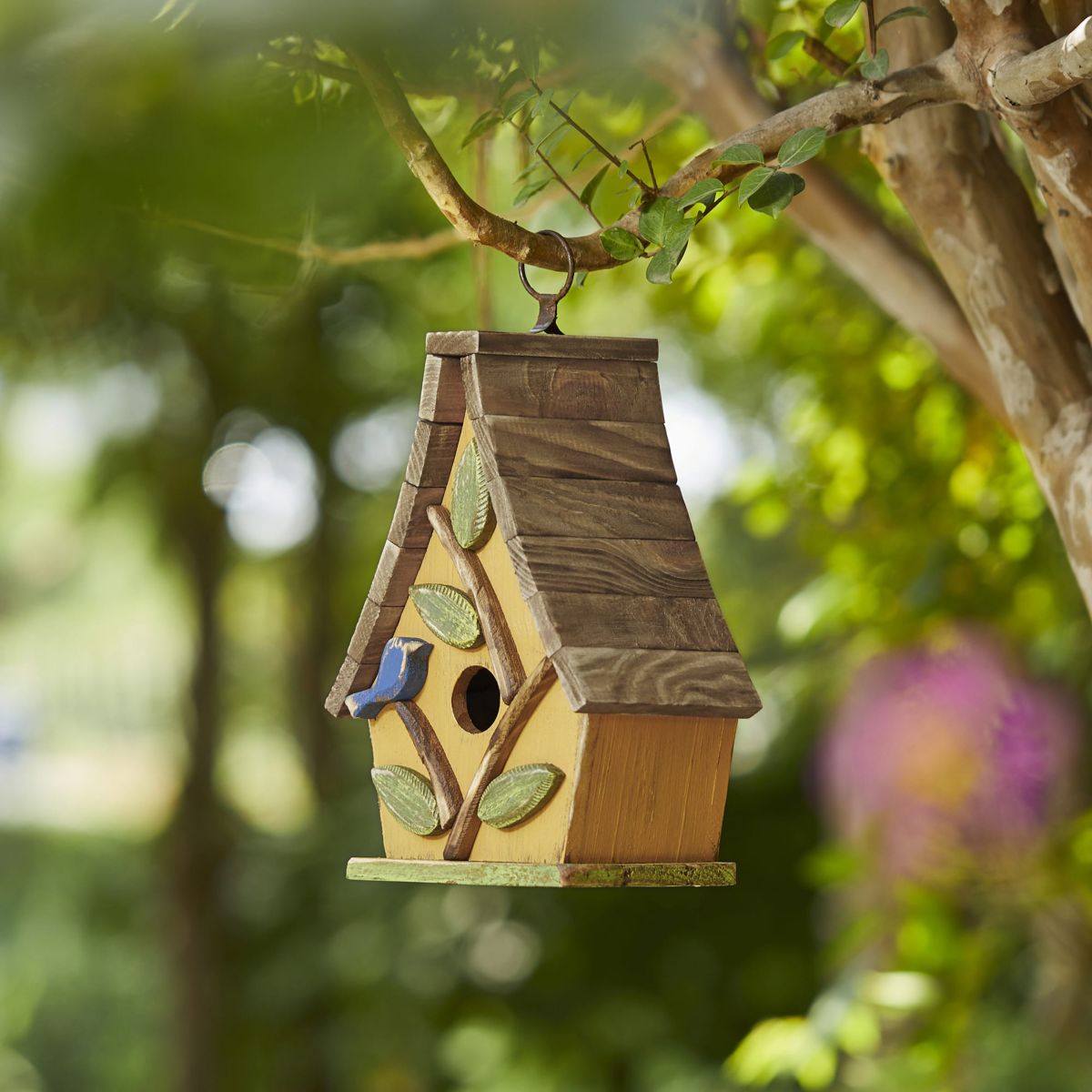 9.5H Washed Yellow Distressed Solid Wood Decorative Outdoor Garden Birdhouse with Natural Wood Pallet Roof