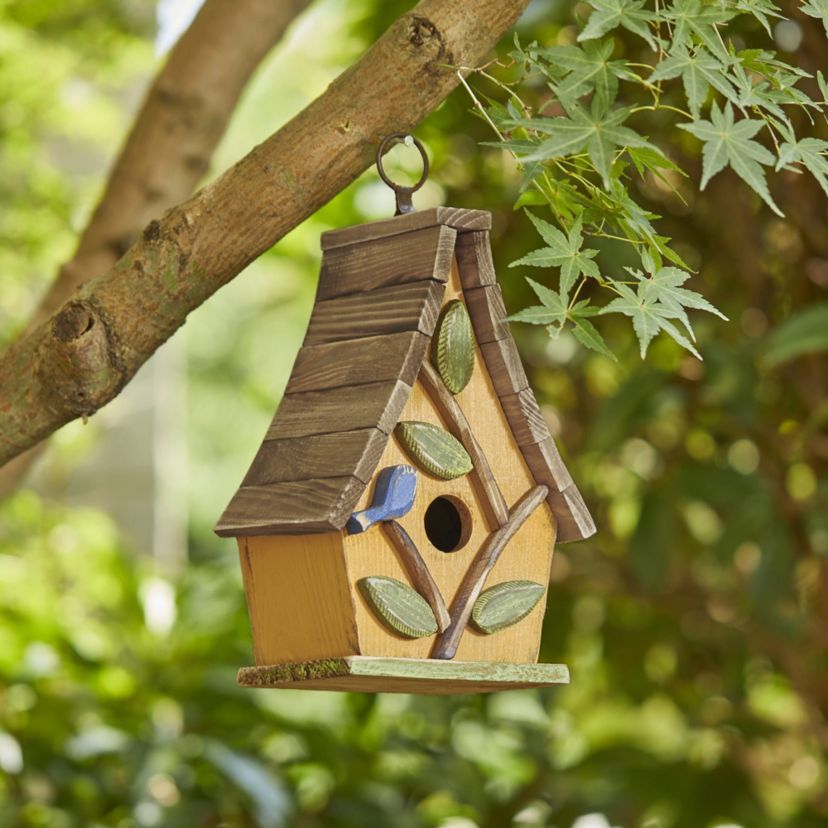 9.5H Washed Yellow Distressed Solid Wood Decorative Outdoor Garden Birdhouse with Natural Wood Pallet Roof