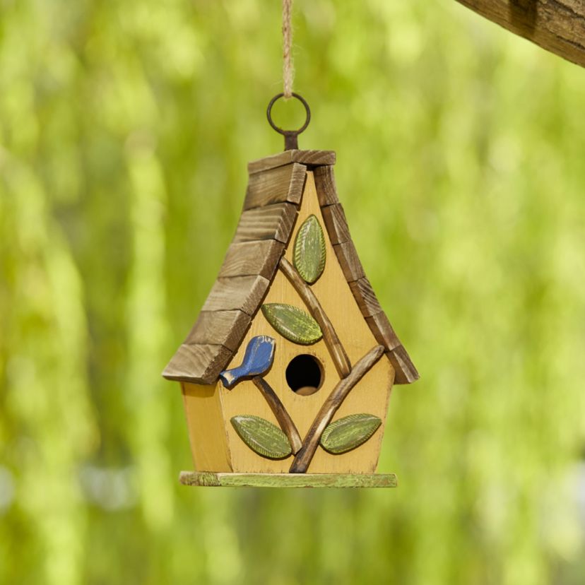 9.5H Washed Yellow Distressed Solid Wood Decorative Outdoor Garden Birdhouse with Natural Wood Pallet Roof
