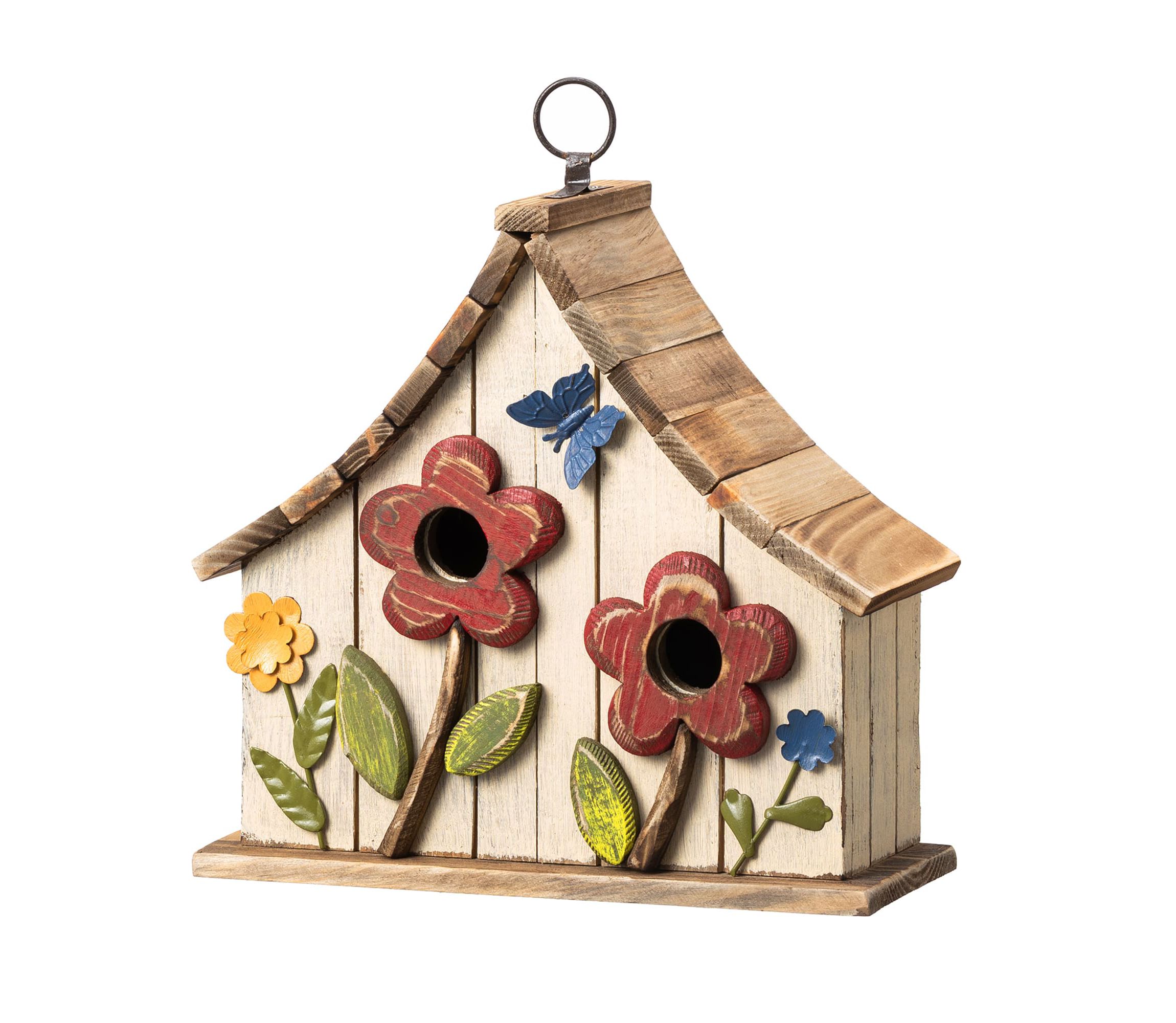 10.5H Washed White Distressed Solid Wood Two-Story Townhouse Garden Birdhouse with 3D Flowers