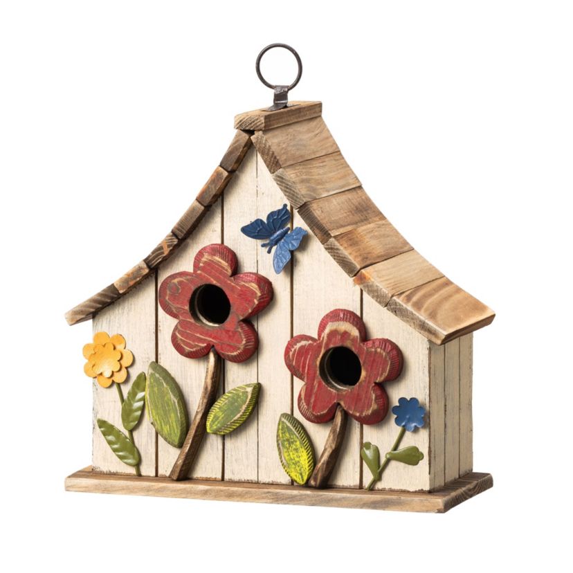 10.5H Washed White Distressed Solid Wood Two-Story Townhouse Garden Birdhouse with 3D Flowers