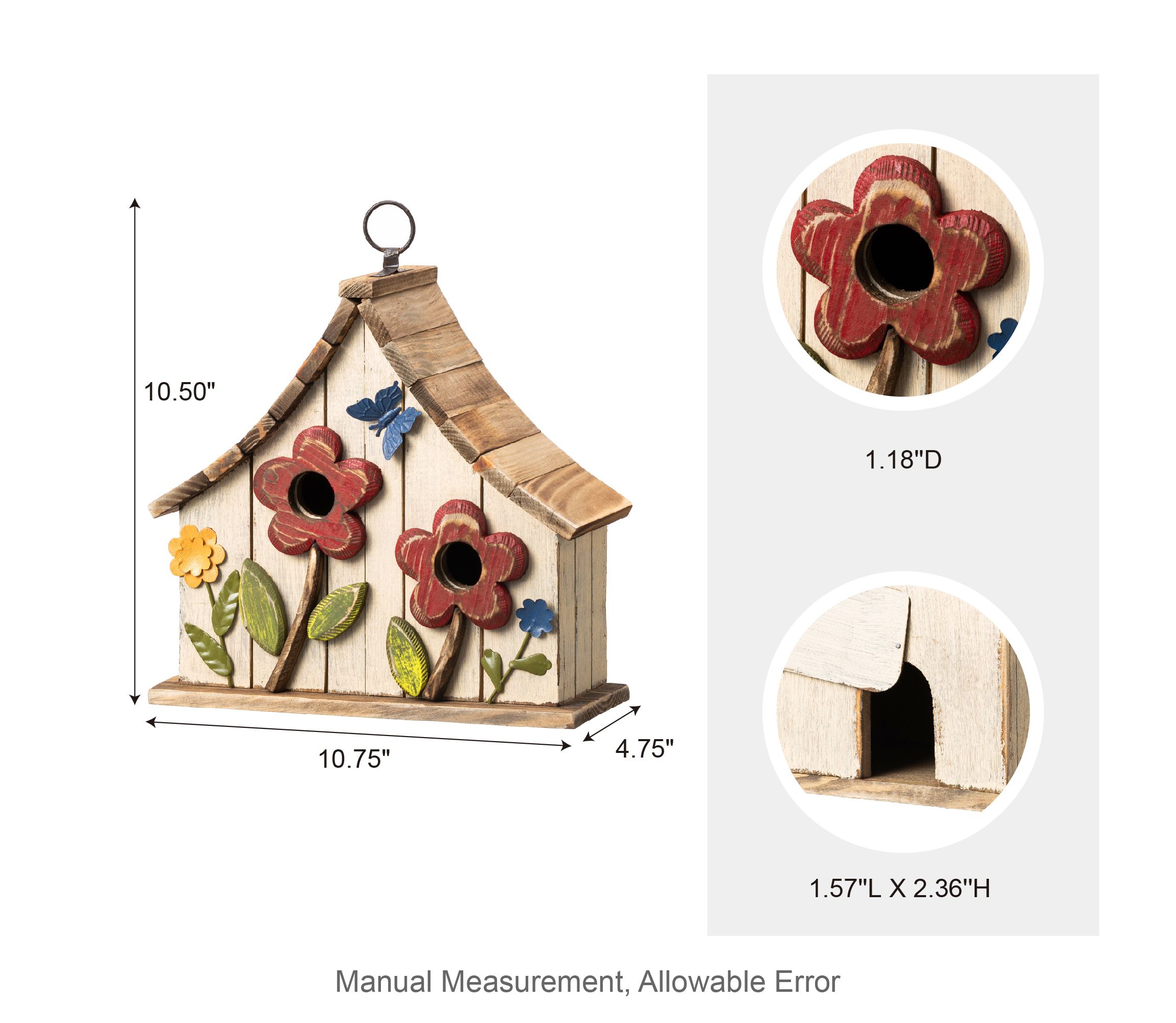 10.5H Washed White Distressed Solid Wood Two-Story Townhouse Garden Birdhouse with 3D Flowers