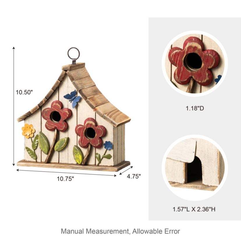 10.5H Washed White Distressed Solid Wood Two-Story Townhouse Garden Birdhouse with 3D Flowers