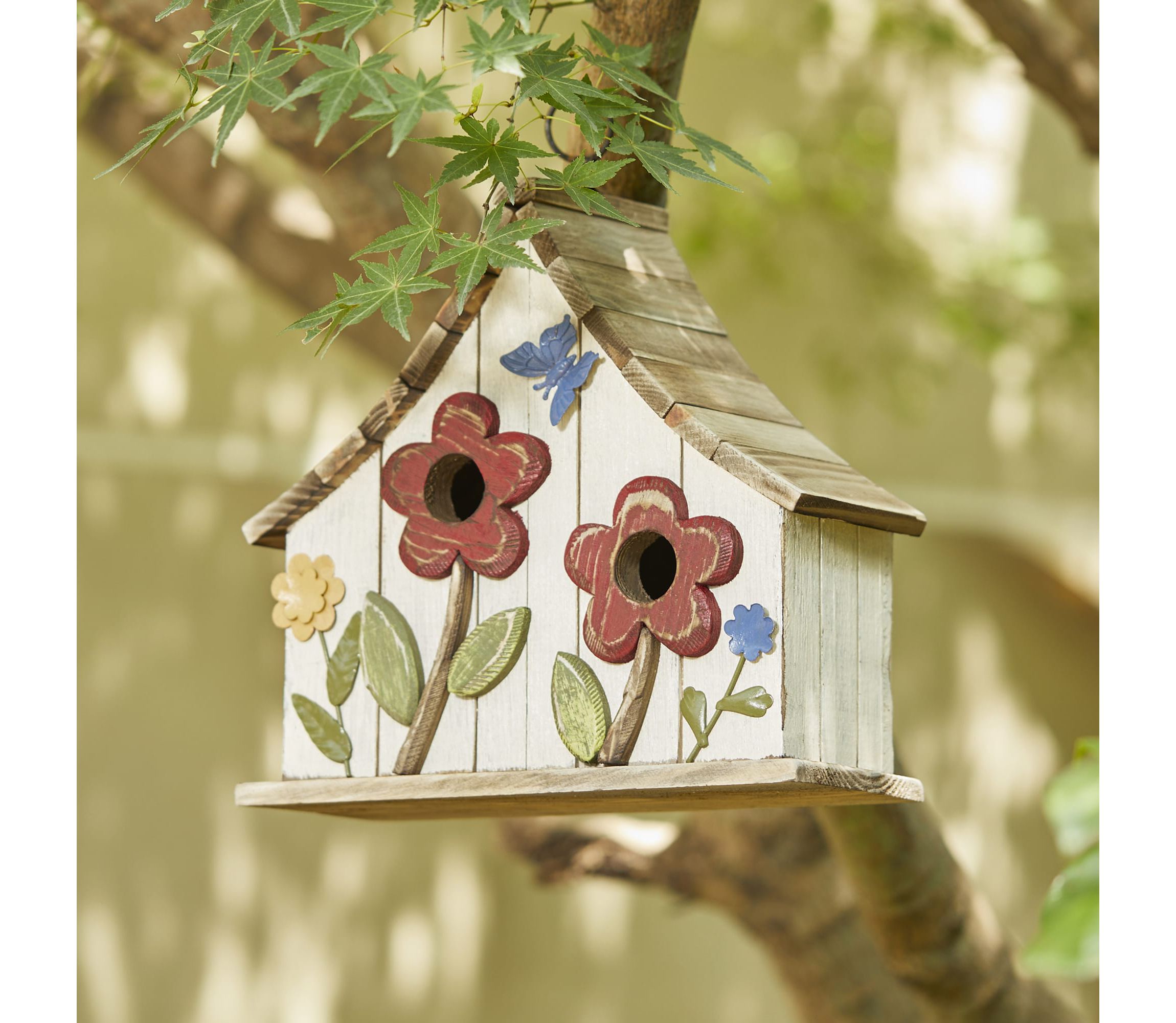10.5H Washed White Distressed Solid Wood Two-Story Townhouse Garden Birdhouse with 3D Flowers