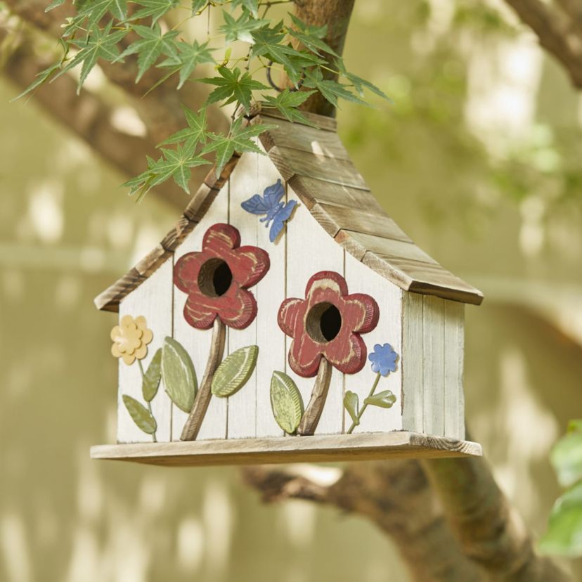 10.5H Washed White Distressed Solid Wood Two-Story Townhouse Garden Birdhouse with 3D Flowers