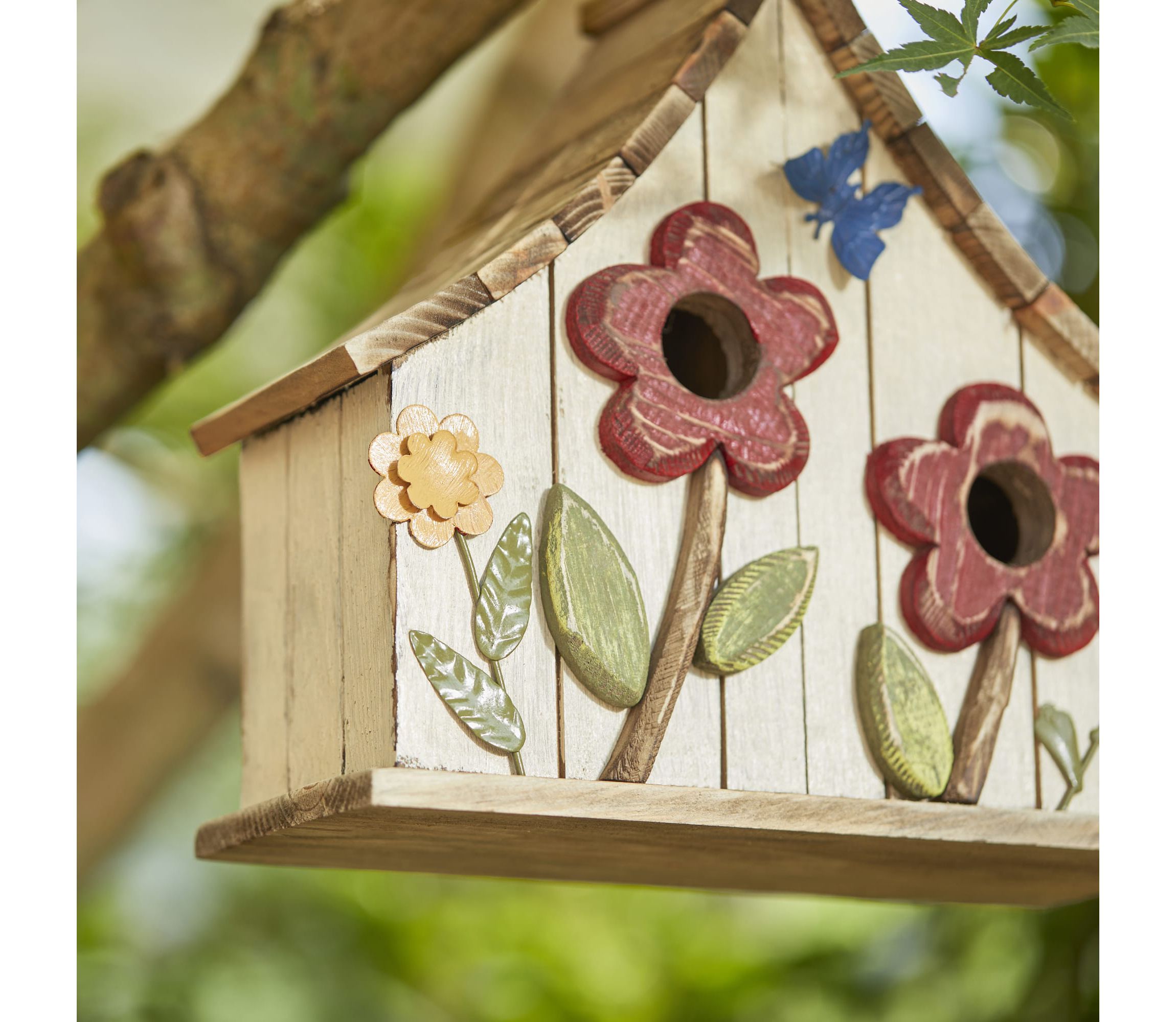 10.5H Washed White Distressed Solid Wood Two-Story Townhouse Garden Birdhouse with 3D Flowers