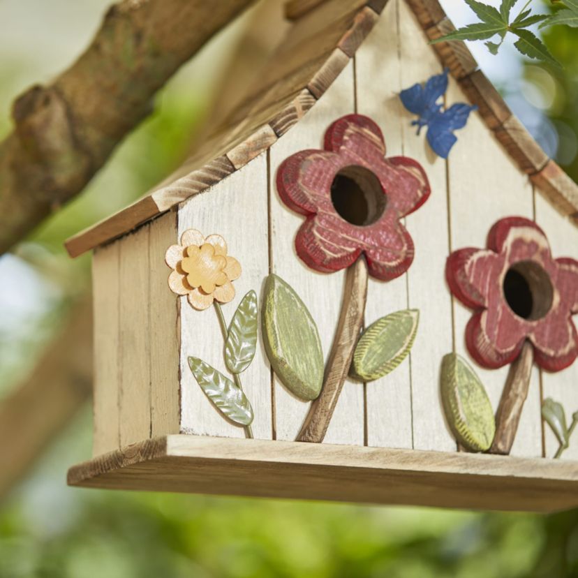 10.5H Washed White Distressed Solid Wood Two-Story Townhouse Garden Birdhouse with 3D Flowers