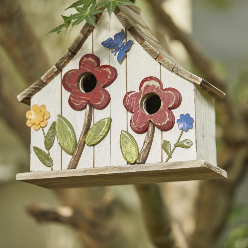 10.5H Washed White Distressed Solid Wood Two-Story Townhouse Garden Birdhouse with 3D Flowers