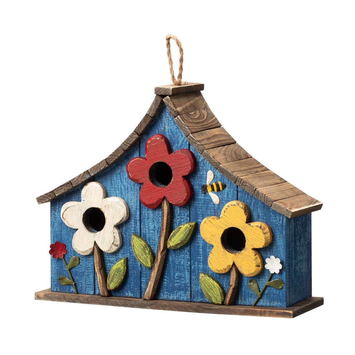 15L Oversized Washed Blue Distressed Solid Wood Three-Story Villa Decorative Outdoor Garden Birdhouse with 3D Flowers