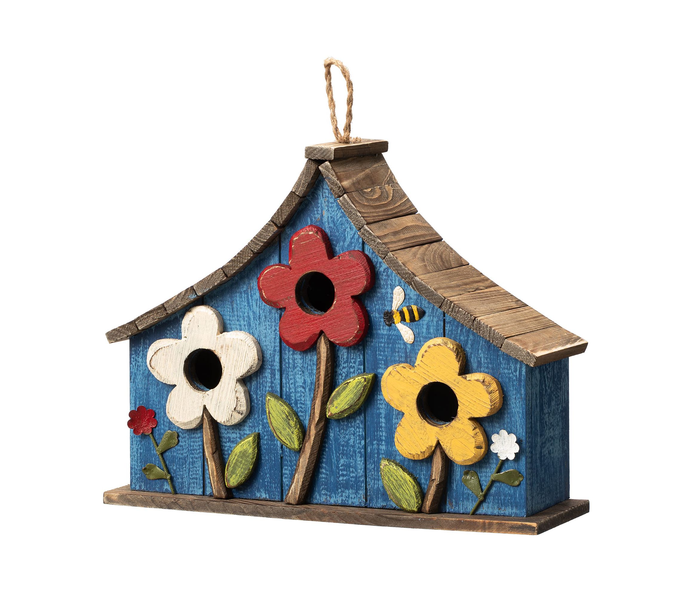 15L Oversized Washed Blue Distressed Solid Wood Three-Story Villa Decorative Outdoor Garden Birdhouse with 3D Flowers