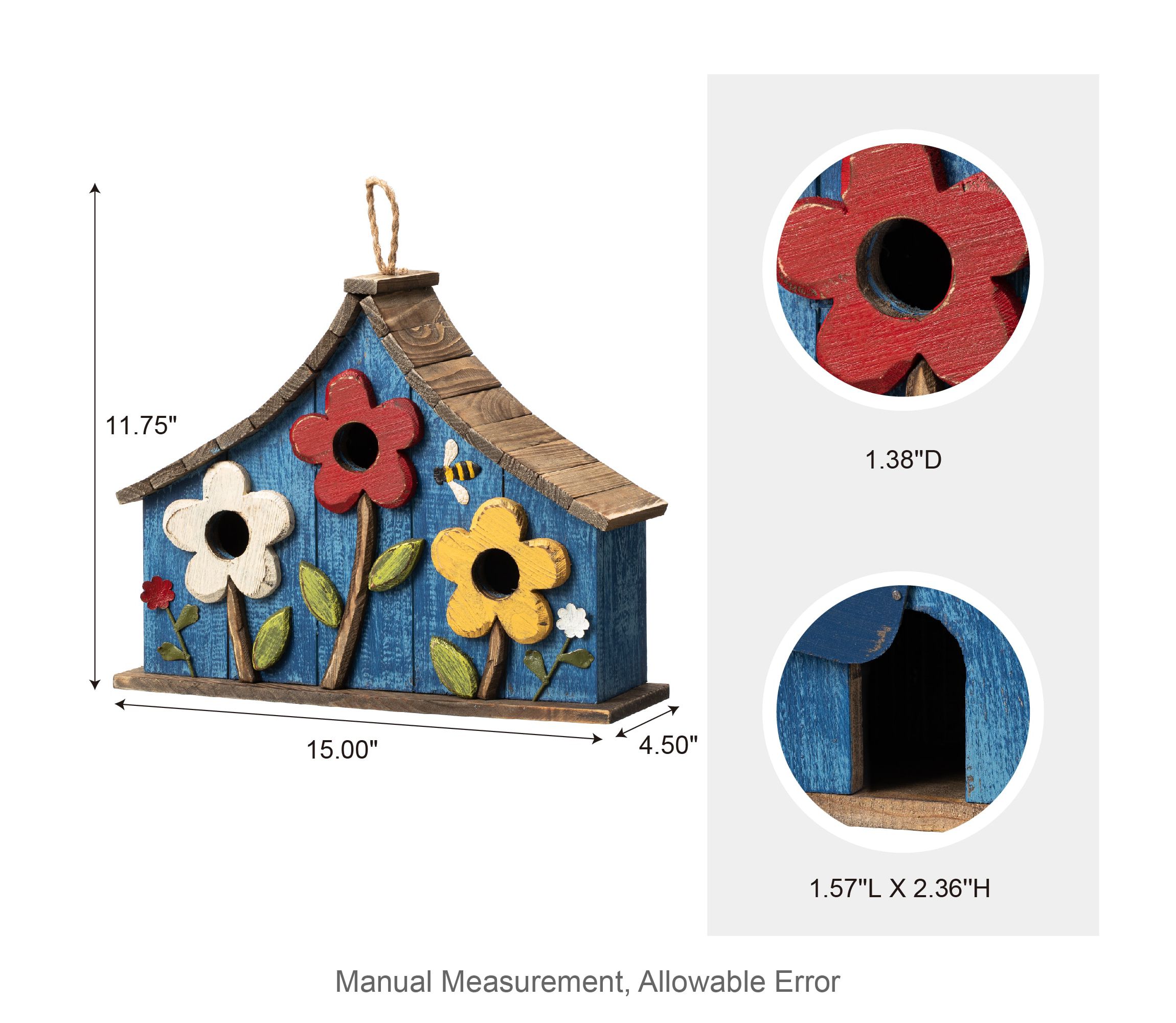 15L Oversized Washed Blue Distressed Solid Wood Three-Story Villa Decorative Outdoor Garden Birdhouse with 3D Flowers