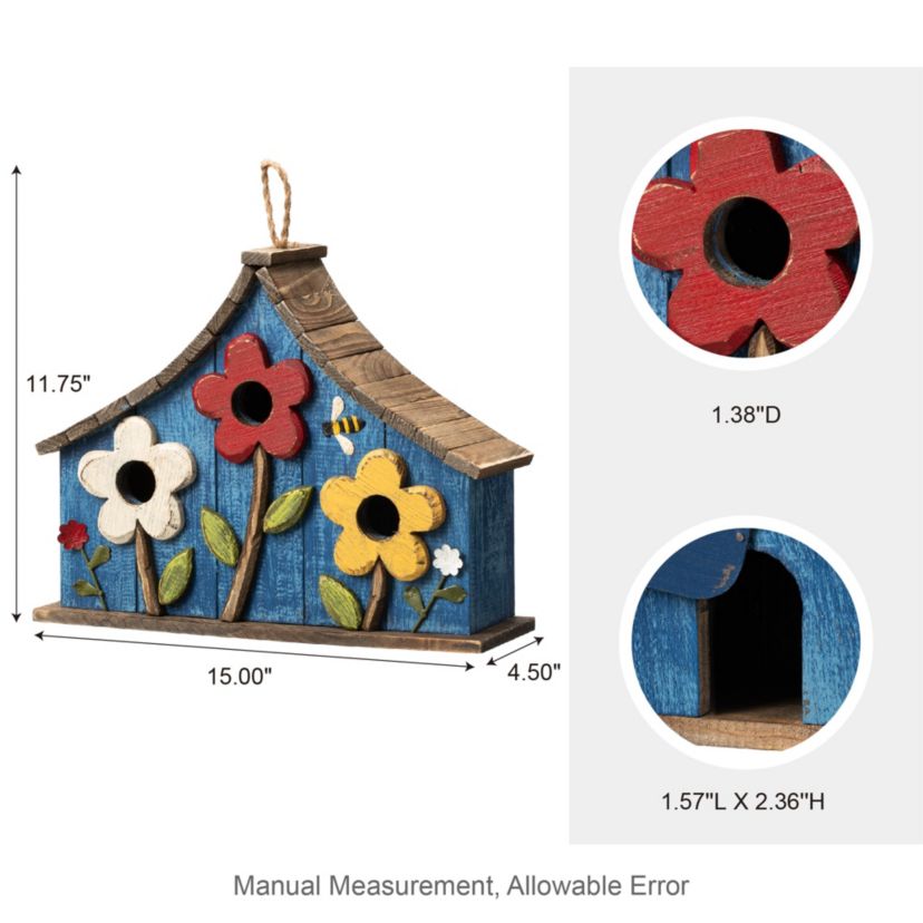 15L Oversized Washed Blue Distressed Solid Wood Three-Story Villa Decorative Outdoor Garden Birdhouse with 3D Flowers