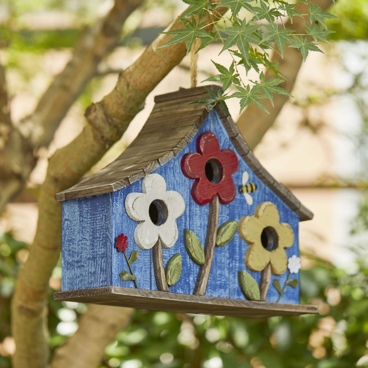 15L Oversized Washed Blue Distressed Solid Wood Three-Story Villa Decorative Outdoor Garden Birdhouse with 3D Flowers
