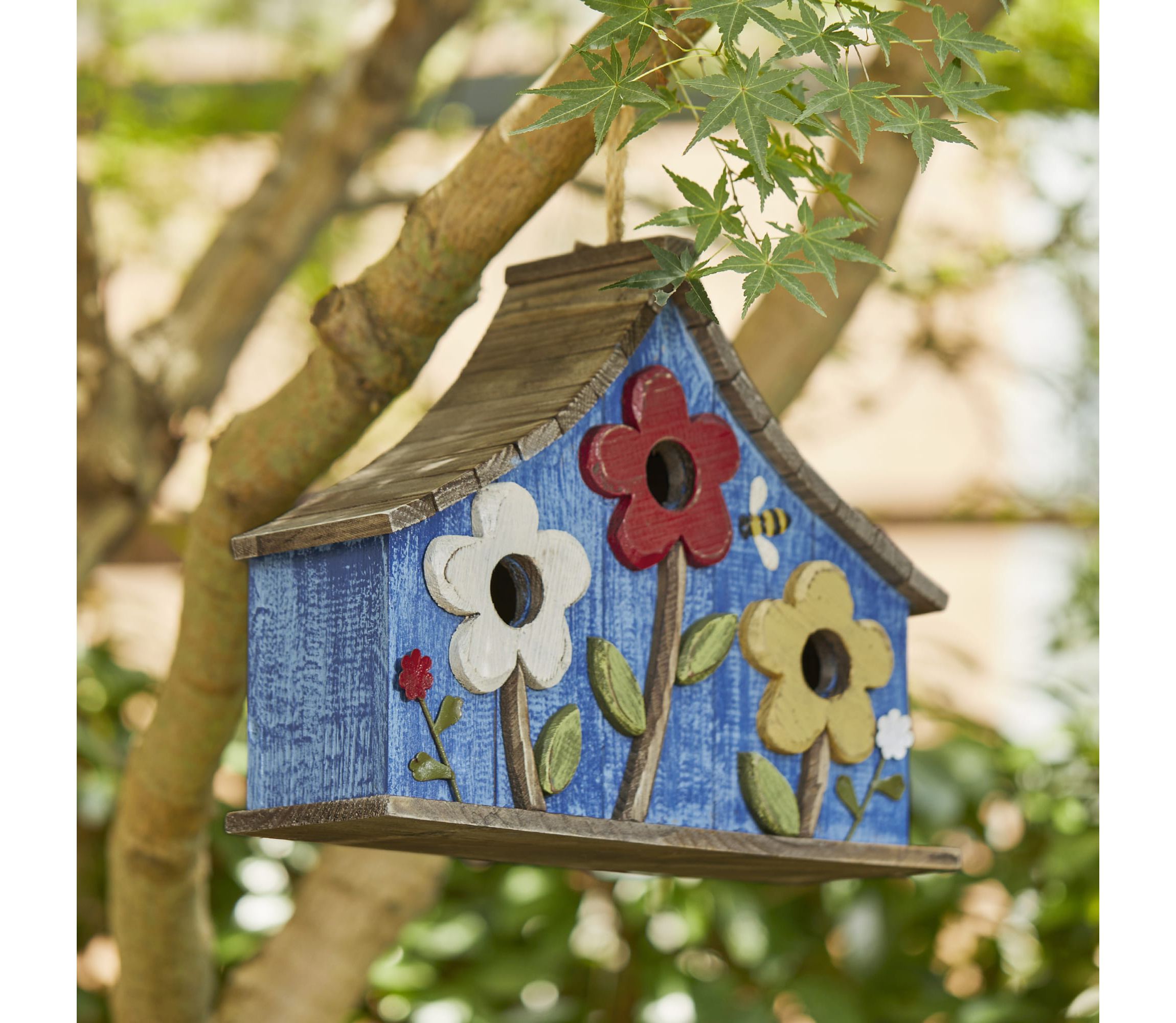 15L Oversized Washed Blue Distressed Solid Wood Three-Story Villa Decorative Outdoor Garden Birdhouse with 3D Flowers