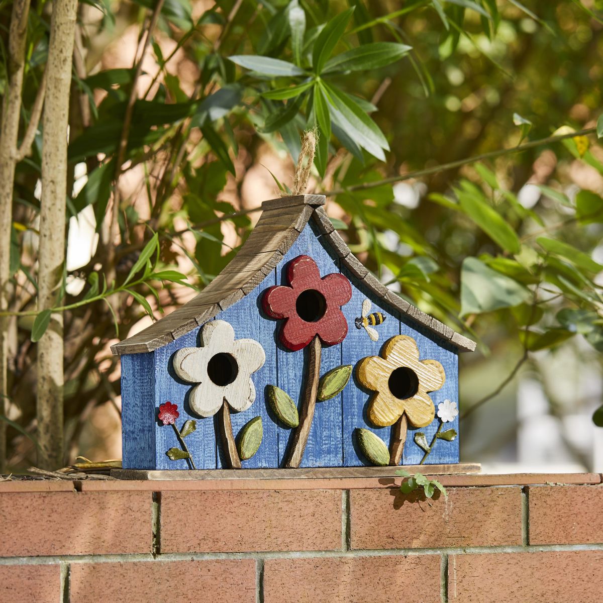 15L Oversized Washed Blue Distressed Solid Wood Three-Story Villa Decorative Outdoor Garden Birdhouse with 3D Flowers
