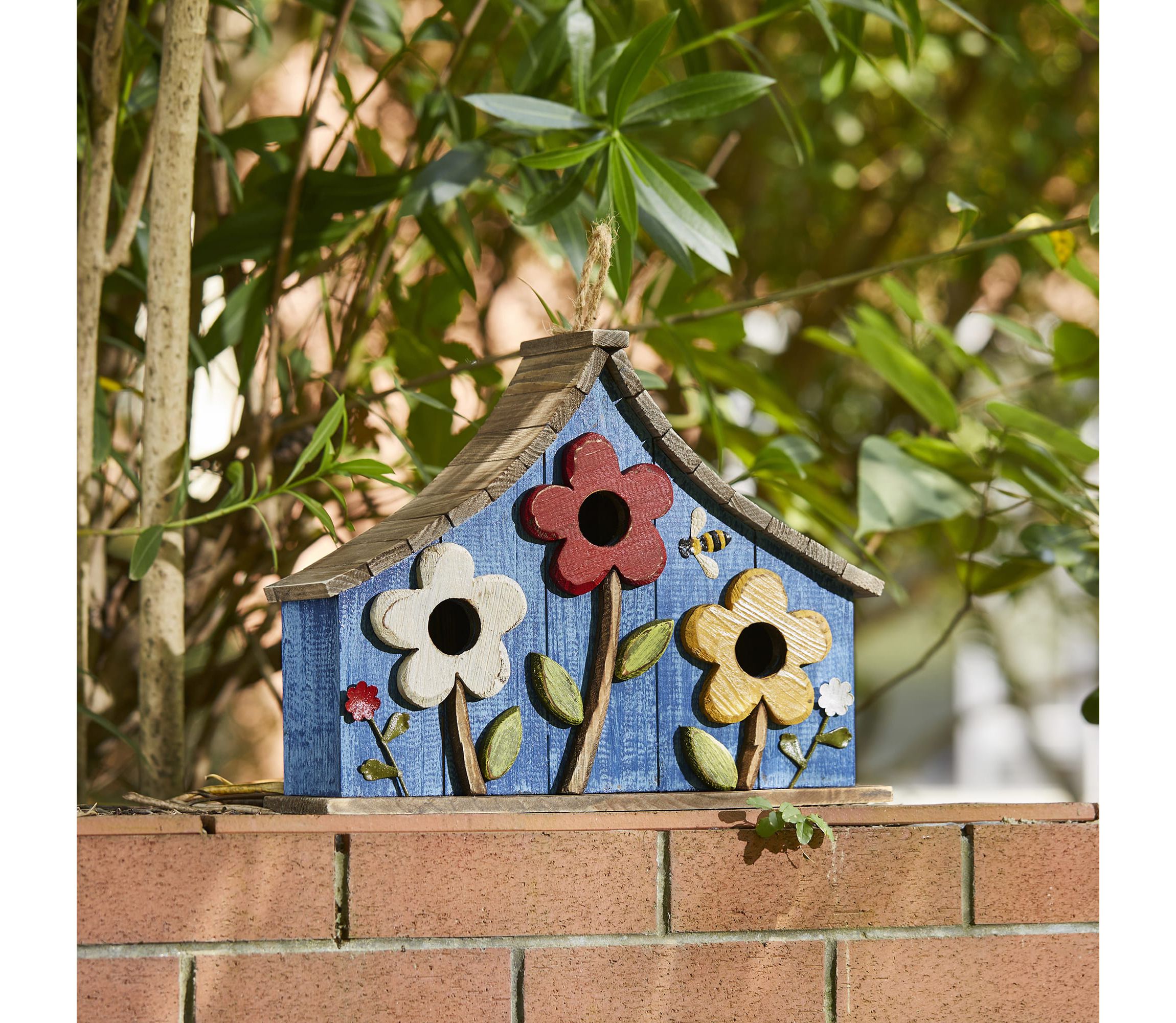 15L Oversized Washed Blue Distressed Solid Wood Three-Story Villa Decorative Outdoor Garden Birdhouse with 3D Flowers
