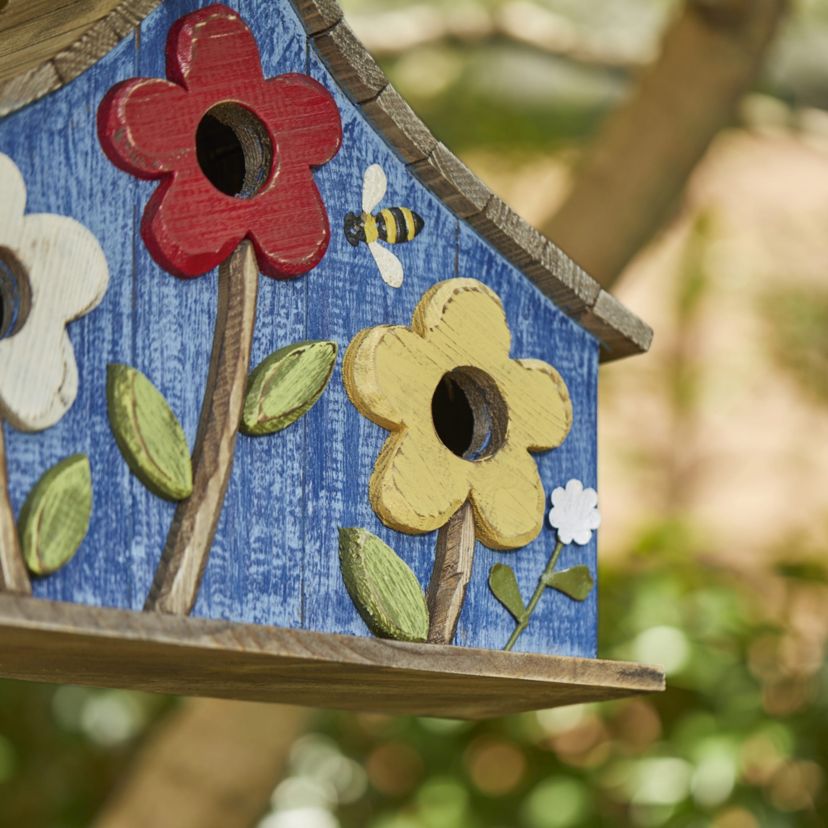 15L Oversized Washed Blue Distressed Solid Wood Three-Story Villa Decorative Outdoor Garden Birdhouse with 3D Flowers