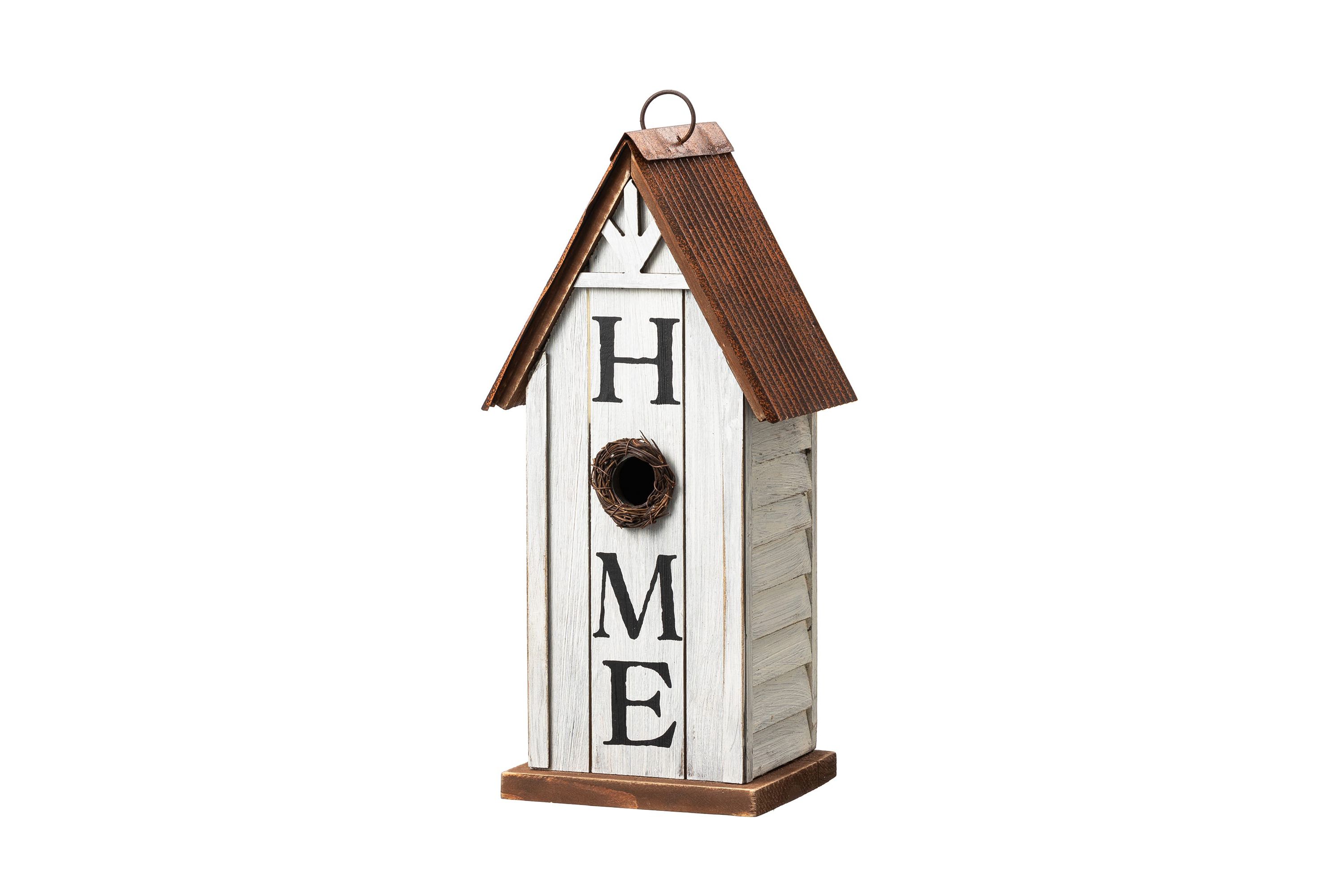 14.75"H Washed White Distressed Solid Wood "HOME" Inspiration Decorative Outdoor Garden Birdhouse