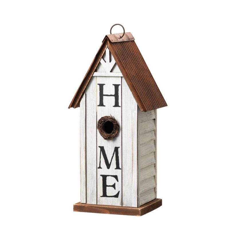 14.75"H Washed White Distressed Solid Wood "HOME" Inspiration Decorative Outdoor Garden Birdhouse