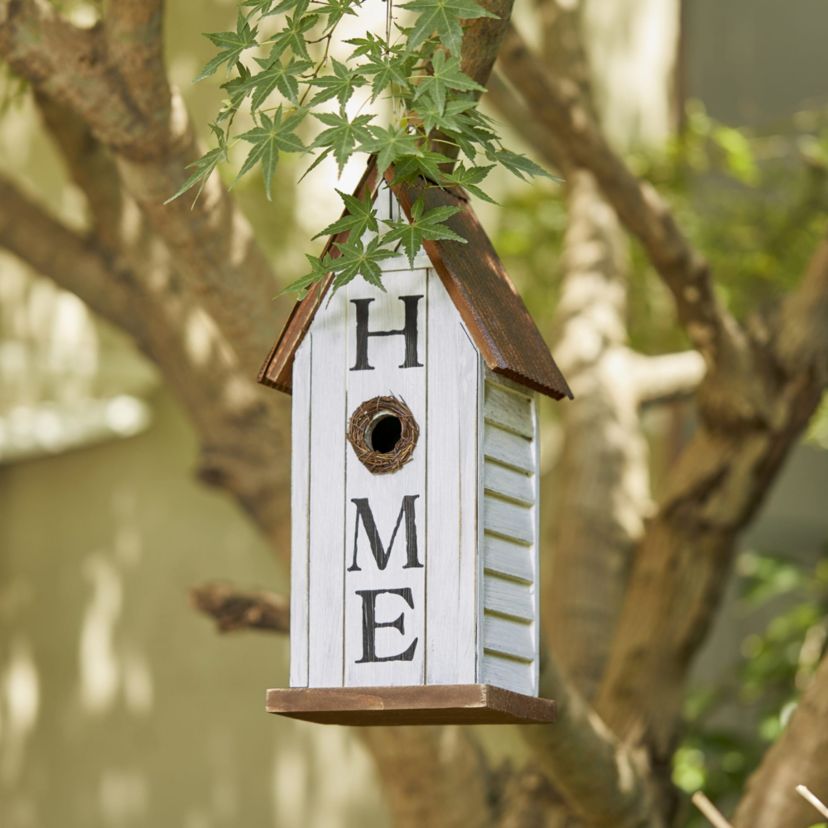 14.75"H Washed White Distressed Solid Wood "HOME" Inspiration Decorative Outdoor Garden Birdhouse