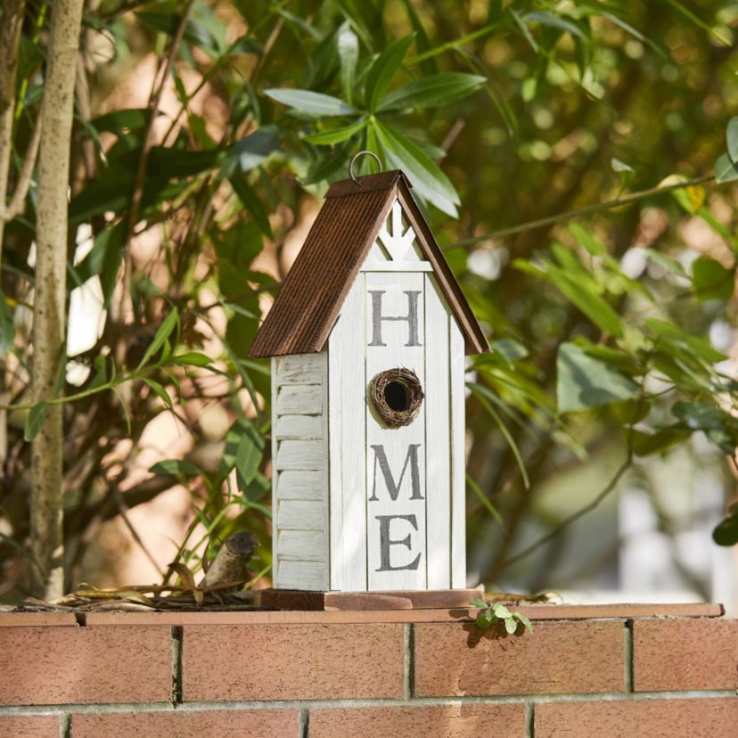 14.75"H Washed White Distressed Solid Wood "HOME" Inspiration Decorative Outdoor Garden Birdhouse