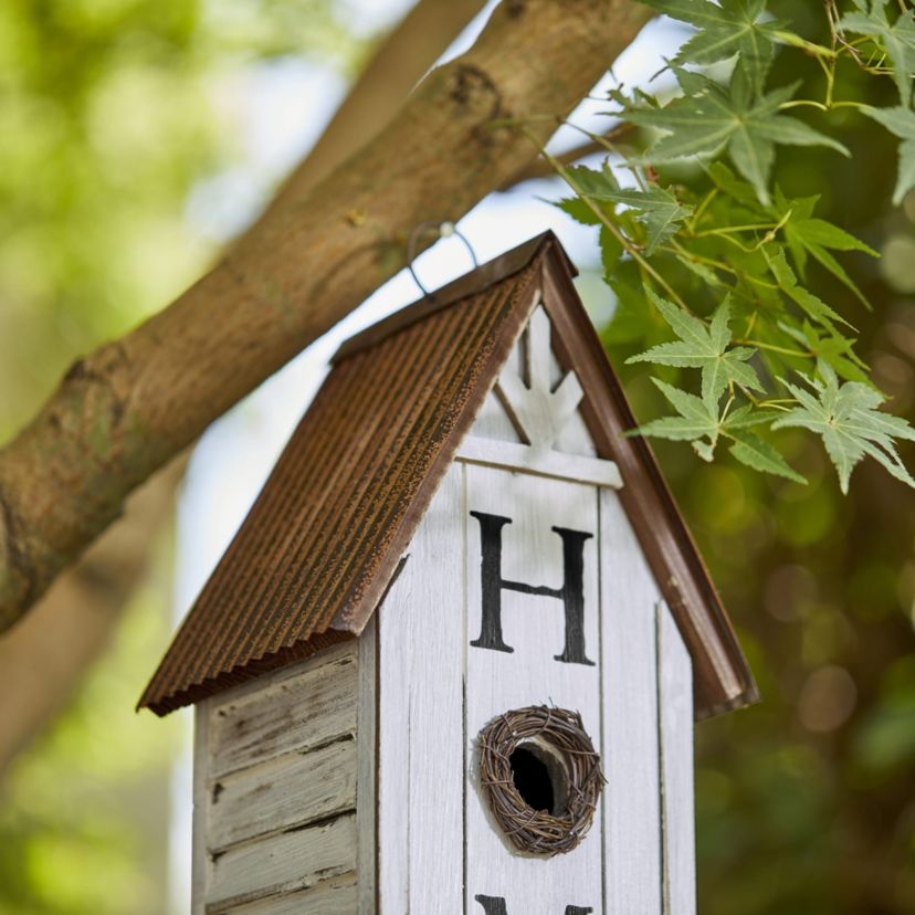 14.75"H Washed White Distressed Solid Wood "HOME" Inspiration Decorative Outdoor Garden Birdhouse
