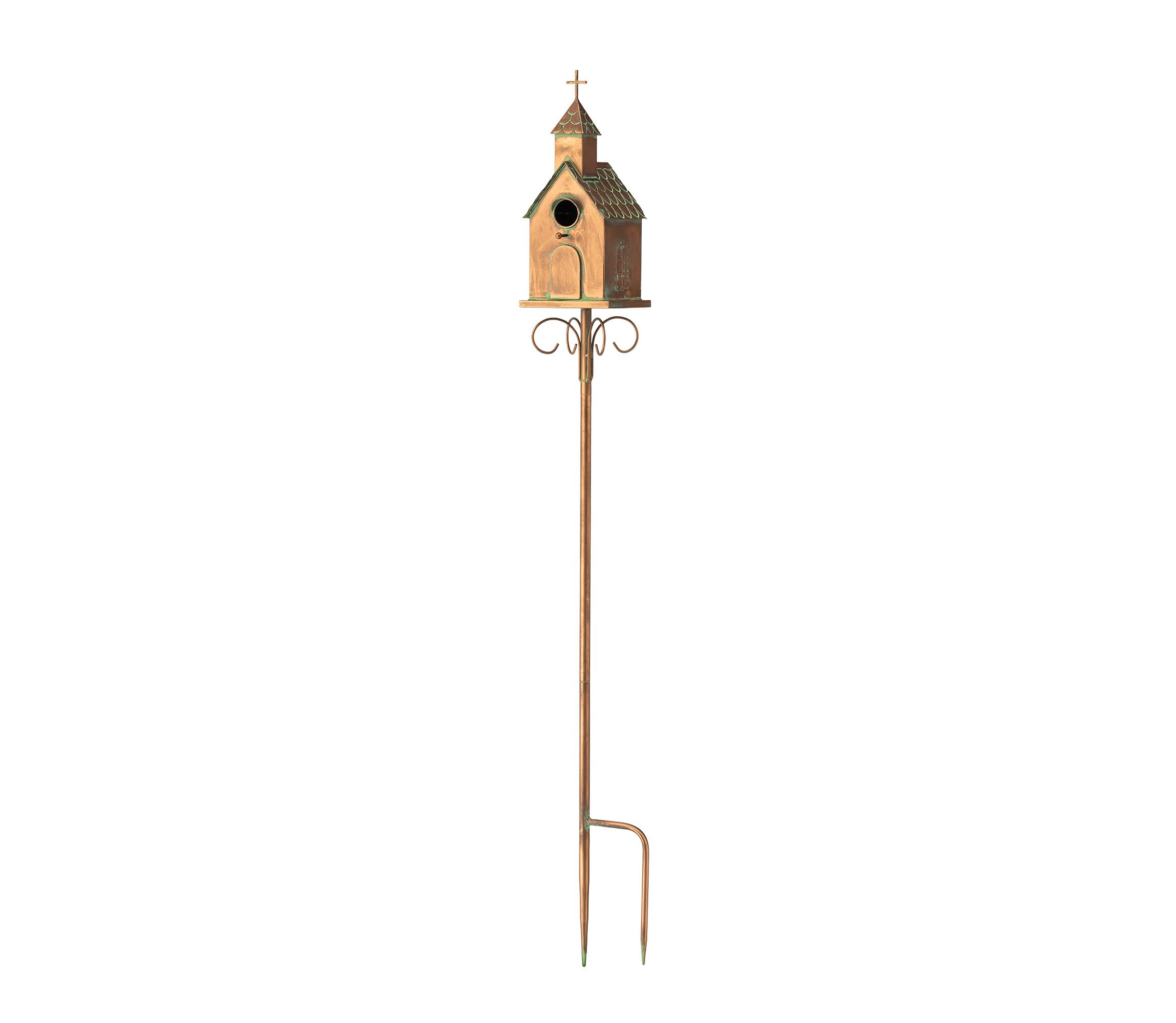 53.00H Farmhouse Faux Copper Distressed Metal Church Outdoor Decorative Garden Birdhouse with Stake (KD)