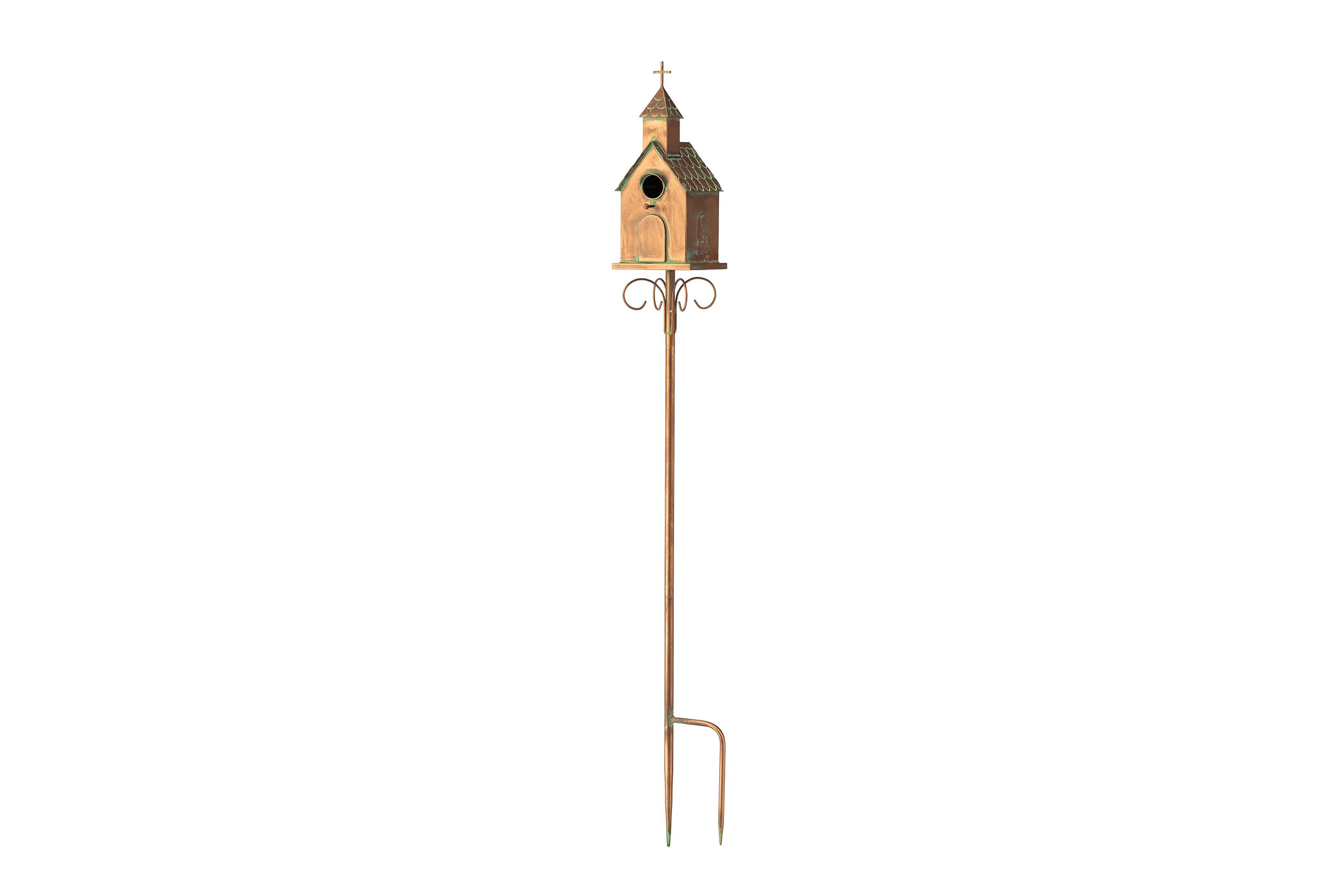 53.00H Farmhouse Faux Copper Distressed Metal Church Outdoor Decorative Garden Birdhouse with Stake (KD)