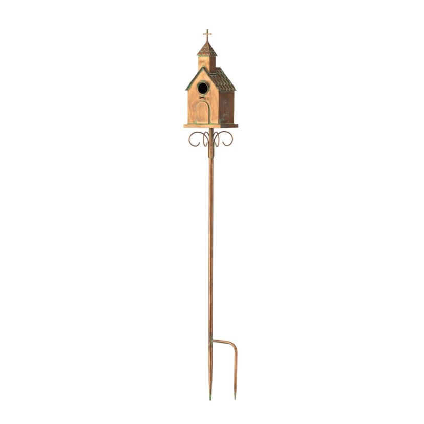 53.00H Farmhouse Faux Copper Distressed Metal Church Outdoor Decorative Garden Birdhouse with Stake (KD)