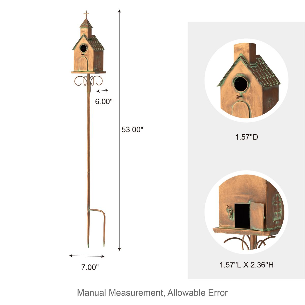 53.00H Farmhouse Faux Copper Distressed Metal Church Outdoor Decorative Garden Birdhouse with Stake (KD)