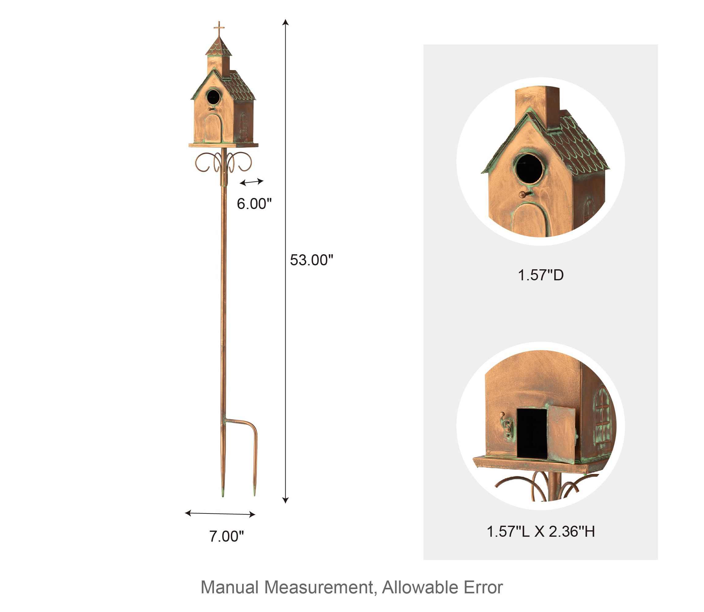 53.00H Farmhouse Faux Copper Distressed Metal Church Outdoor Decorative Garden Birdhouse with Stake (KD)