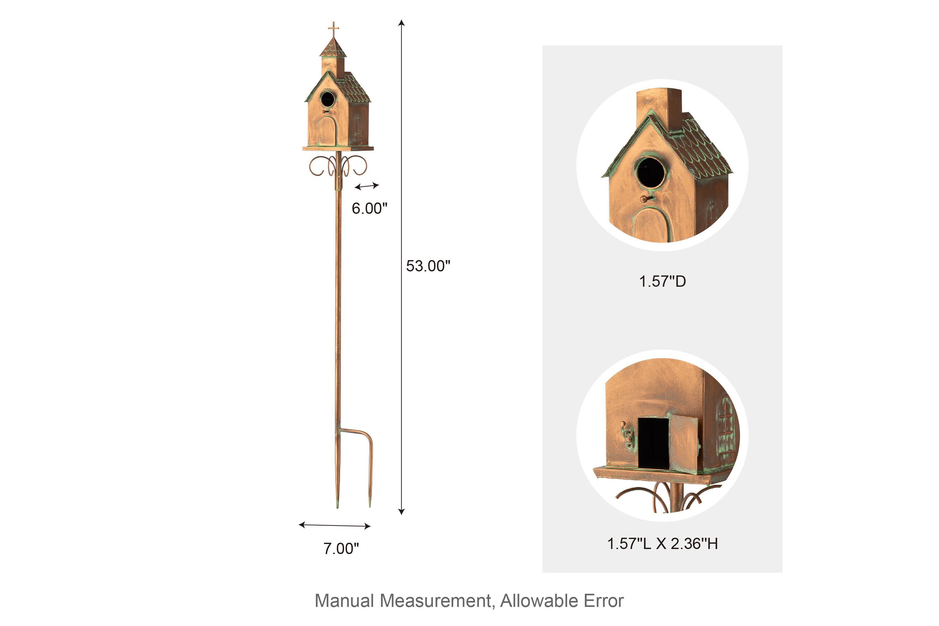 53.00H Farmhouse Faux Copper Distressed Metal Church Outdoor Decorative Garden Birdhouse with Stake (KD)