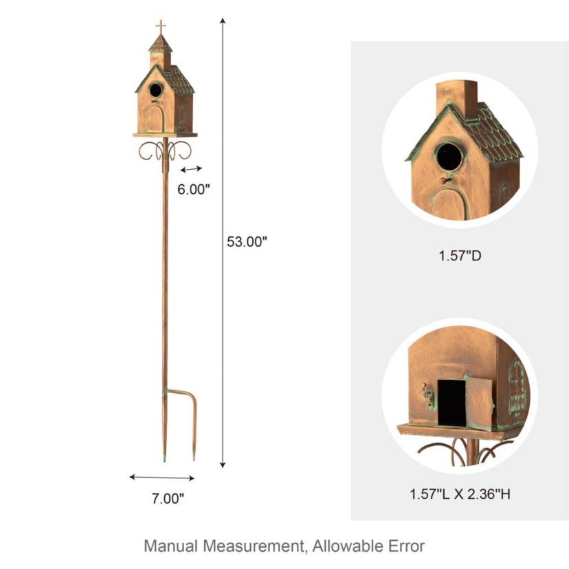 53.00H Farmhouse Faux Copper Distressed Metal Church Outdoor Decorative Garden Birdhouse with Stake (KD)