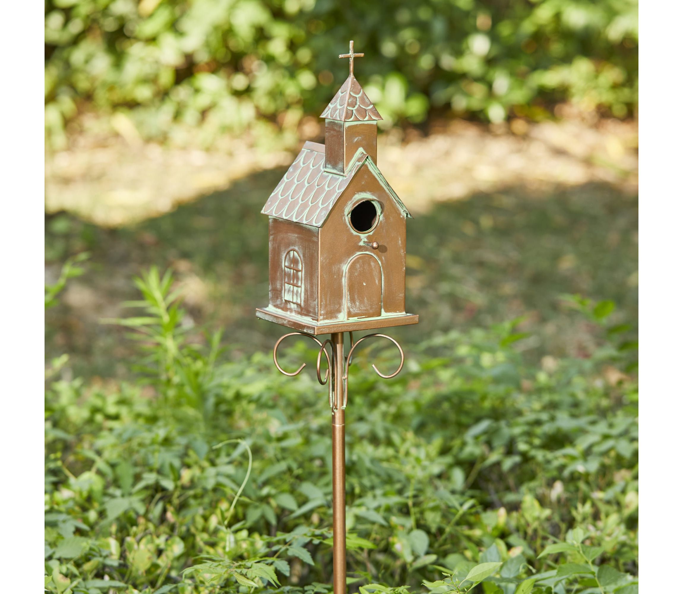 53.00H Farmhouse Faux Copper Distressed Metal Church Outdoor Decorative Garden Birdhouse with Stake (KD)