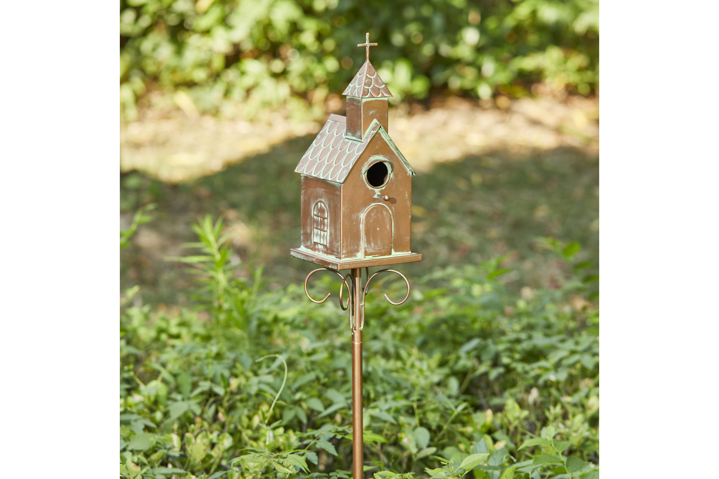 53.00H Farmhouse Faux Copper Distressed Metal Church Outdoor Decorative Garden Birdhouse with Stake (KD)