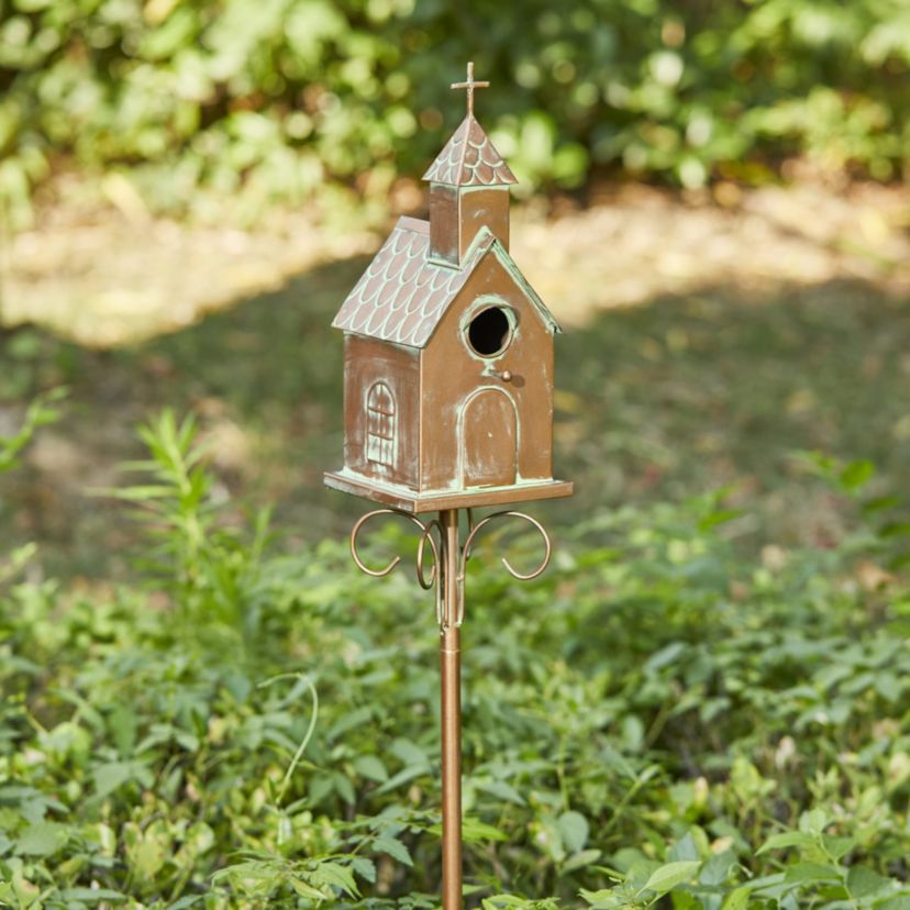 53.00H Farmhouse Faux Copper Distressed Metal Church Outdoor Decorative Garden Birdhouse with Stake (KD)