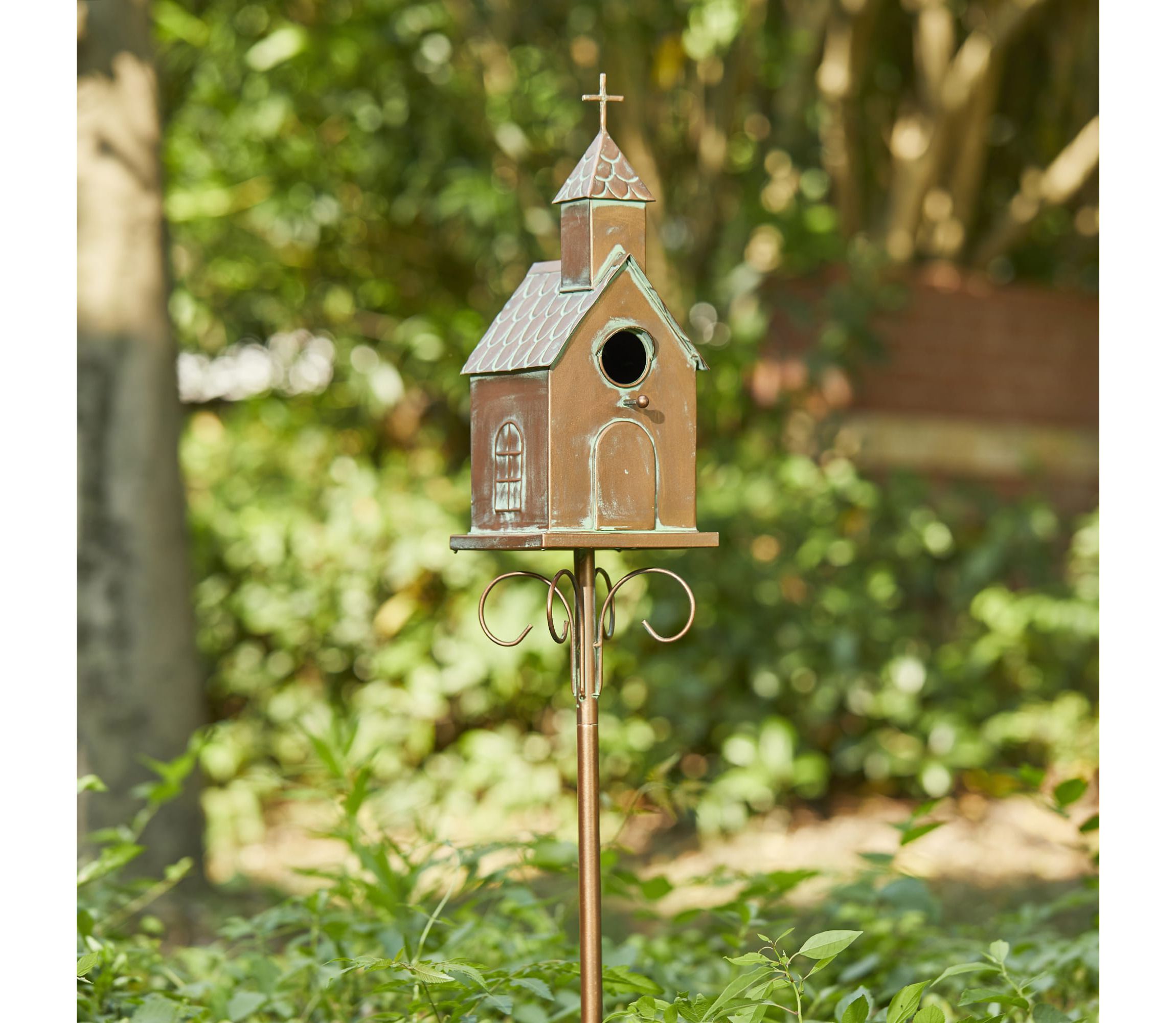 53.00H Farmhouse Faux Copper Distressed Metal Church Outdoor Decorative Garden Birdhouse with Stake (KD)