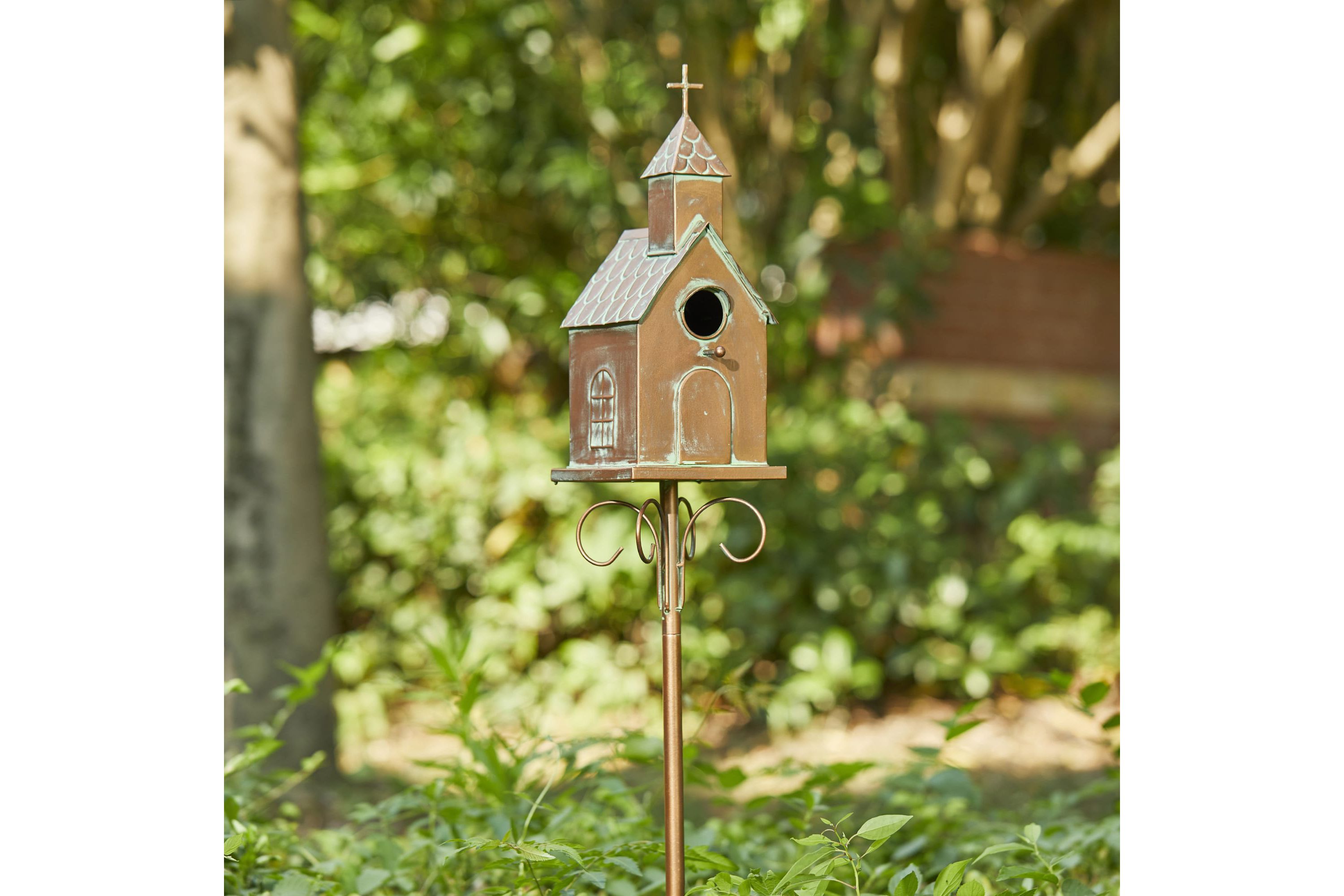 53.00H Farmhouse Faux Copper Distressed Metal Church Outdoor Decorative Garden Birdhouse with Stake (KD)